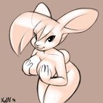  anthro bedroom_eyes big_breasts breasts buckteeth covering covering_self cute hair half-closed_eyes holding_breast lagomorph mammal rabbit seductive smile solo teeth thick_thighs wide_hips xylas 
