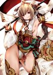  andira_(granblue_fantasy) animal_ears bare_shoulders blonde_hair blush breasts detached_sleeves earrings erune granblue_fantasy highres jewelry looking_at_viewer monkey_ears monkey_tail red_eyes short_hair sideboob small_breasts solo souryu staff tail 