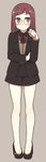  absurdres bare_legs brown_background brown_eyes coat expressionless full_body glasses high_heels highres neck_ribbon original oza_watto red_hair ribbon short_shorts shorts simple_background solo 