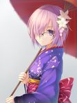  bad_id bad_pixiv_id bespectacled fate/grand_order fate_(series) flower glasses hair_flower hair_ornament hair_over_one_eye highres japanese_clothes kimono mash_kyrielight oriental_umbrella purple_eyes purple_hair short_hair solo umbrella wakame_mi 