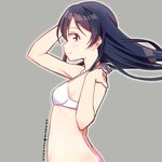  artist_name bikini black_hair floating_hair grey_background halterneck hand_on_own_head hand_on_own_shoulder long_hair love_live! love_live!_school_idol_project midriff outline profile simple_background skull573 smile solo sonoda_umi swimsuit upper_body yellow_eyes 