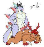  ambiguous_gender antlers cappuccino cum dragon duo erection final_fantasy horn leviathan male muscular muscular_male pecs penis reptile scalie simple_background tongue tongue_out video_games white_background 