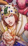  aiming_at_viewer blood blood_from_mouth blue_eyes brown_hair hat highres horse horseshoe johnny_joestar jojo_no_kimyou_na_bouken loco3moco3 male_focus star steel_ball_run tusk_(stand) wristband 
