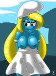 2016 blonde_hair blue_skin breasts clothing dress female hair humanoid nipples not_furry presenting presenting_breasts simple_background smile smurf smurfette solo the_smurfs top_down virate-chip 