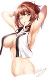  armpits arms_behind_head arms_up artist_name bangs breasts brown_eyes brown_hair center_opening cleavage crop_top crop_top_overhang dated eyebrows eyebrows_visible_through_hair glove_in_mouth gloves gloves_removed kantai_collection large_breasts looking_at_viewer messy_hair midriff mouth_hold mutsu_(kantai_collection) navel no_headwear okitakung one_eye_closed open_clothes short_hair sideboob simple_background sleeveless solo twitter_username underboob upper_body wet wet_hair white_background white_gloves 