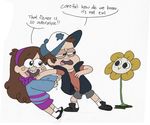  1girl braces brown_hair commentary crossover dipper_pines english flower flowey_(undertale) glaring gravity_falls hairband hat hood hoodie incoming_hug mabel_pines mudkipful o_o siblings sketch smile striped striped_sweater sweater twins undertale vest what_if 