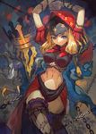  arms_up black_legwear blonde_hair blue_eyes breasts chain crop_top hood king_valentine lack large_breasts long_hair midriff navel odin_sphere puffy_sleeves restrained revision short_sleeves striped striped_legwear thighhighs velvet_(odin_sphere) vertical-striped_legwear vertical_stripes 