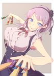  &gt;:) black_flower black_rose blue_eyes blush bow breasts buttons candy center_frills commentary_request dagashi_kashi flower food frilled_shirt frills hair_flower hair_ornament hairband high-waist_skirt holding large_breasts looking_at_viewer purple_hair ribbon ringed_eyes rose sakusakusakurai shidare_hotaru shirt short_hair skirt sleeveless smile solo suspender_skirt suspenders umaibou v-shaped_eyebrows 