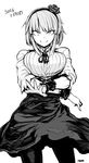  &gt;:) artist_name dagashi_kashi dated fingernails flower greyscale hairband looking_at_viewer monochrome pantyhose rose sharp_fingernails shidare_hotaru short_hair sigama simple_background smile solo v-shaped_eyebrows white_background 