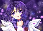  amane_ganbii bishoujo_senshi_sailor_moon choker circlet clenched_hand collarbone crystal earrings gloves highres jewelry lens_flare open_mouth purple purple_eyes purple_hair purple_sailor_collar sailor_collar sailor_saturn sailor_senshi_uniform sky solo space star star_(sky) star_choker starry_sky tomoe_hotaru upper_body white_gloves 