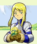  agrias_oaks armor blonde_hair braid breastplate brown_gloves corset elbow_pads final_fantasy final_fantasy_tactics flower gloves holding holding_flower inui_(jt1116) knight long_hair ponytail shoulder_pads sidelocks single_braid smile solo upper_body 