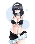  arm_grab bare_shoulders bikini black_hair blush breasts cleavage frills gloves hairband idolmaster idolmaster_cinderella_girls large_breasts long_hair looking_at_viewer maid_bikini maid_headdress navel ryuu. sagisawa_fumika sarong solo swimsuit 