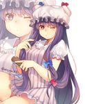  akayan bangs blue_bow blush bow collar crescent crescent_hair_ornament dress eyebrows eyebrows_visible_through_hair frilled_shirt_collar frilled_sleeves frills hair_bow hair_brush hair_brushing hair_ornament hat hat_ribbon highres long_hair looking_at_viewer mob_cap one_eye_closed patchouli_knowledge puffy_short_sleeves puffy_sleeves purple_eyes purple_hair red_bow ribbon short_dress short_sleeves sitting solo striped striped_dress touhou twitter_username very_long_hair zoom_layer 