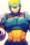  abs android arm_cannon artist_name blurry flashman grin highres looking_at_viewer male_focus nyaph rockman rockman_2 sharp_teeth smile solo teeth weapon 