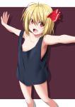  alternate_costume armpit_peek bare_arms bare_legs bare_shoulders black_tank_top blonde_hair breasts collarbone commentary_request eyebrows_visible_through_hair fangs hair_between_eyes hair_ribbon highres long_hair looking_at_viewer nori_tamago open_mouth outstretched_arms oversized_clothes red_background red_eyes red_ribbon ribbon rumia see-through_silhouette small_breasts smile solo tank_top touhou two-tone_background white_background 