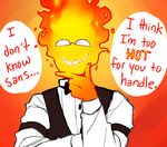  ... clothed clothing dialogue english_text eyewear fire glasses grin male simple_background smile tesazombie text undertale video_games 