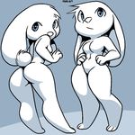  big_breasts big_butt blue_eyes breasts butt cute duo female fur lagomorph long_ears mammal navel rabbit shy standing thick_thighs white_fur wide_hips xylas 