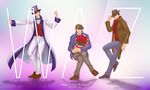  argyle bad_id bad_pixiv_id blue_eyes bouquet brown_coat brown_hair character_name coat cowboy_hat crossed_legs facial_hair flower green_eyes happy_birthday hat hat_tip jojo_no_kimyou_na_bouken long_coat male_focus miyabi_(run) multiple_boys multiple_persona mustache necktie phantom_blood red_eyes rose scarf shadow sitting top_hat twitter_username vest will_anthonio_zeppeli 