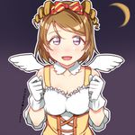  :d angel_wings bow brown_hair crescent_moon dancing_stars_on_me! dress gloves hair_bow koizumi_hanayo love_live! love_live!_school_idol_project moon open_mouth purple_eyes short_hair skull573 smile solo striped striped_bow upper_body wings 