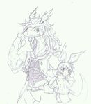  2010 animal_humanoid anthro belt clothed clothing crossover dragon duo english_text female hair headband humanoid lagomorph legendz linvar long_hair male mammal monochrome muscular ranshiin scalie scar shirt shorts simple_background size_difference tales_of_symphonia text tigerlilylucky traditional_media_(artwork) white_background 