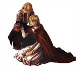  :o agrias_oaks armor bad_id bad_pixiv_id blonde_hair blue_eyes braid cape corset dress expressionless final_fantasy final_fantasy_tactics full_body gloves holding_hands knight long_hair long_sleeves multiple_girls ovelia_atkascha parted_lips pauldrons sayonaraby seiza sidelocks single_braid sitting sweatdrop white_background white_dress 