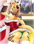  anthro big_breasts breasts butt cervine christmas clothed clothing deer fangs feline female holidays horn hybrid inside invalid_tag kammymau legwear looking_at_viewer looking_back mammal open_mouth panties skimpy smile solo standing teeth thigh_highs tongue underwear 
