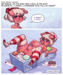 2016 anthro big_breasts blonde_hair blue_eyes breasts cake candle clothing cyancapsule dialogue ear_piercing emelie english_text female food hair hair_bow hair_ribbon hi_res inverted_nipples legwear mammal nipples open_mouth piercing pig porcine pussy ribbons solo stockings striped_legwear stripes text vaginal 