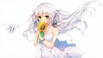  anceril_sacred artbook bare_shoulders blush dress flower green_eyes hair_flaps hair_ornament highres long_hair looking_at_viewer md5_mismatch mishima_kurone neck_ribbon original ribbon shirokami_project simple_background solo sunflower white_background white_dress white_hair wrist_ribbon 