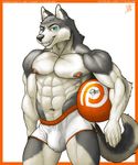  2015 abs anthro athletic bulge canine clothing dog ear_piercing fur husky male mammal muscular nipples patreon pecs piercing shorts smile tithinian 