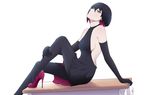  alternate_costume backless_outfit black_dress black_gloves black_hair black_legwear breasts cleavage dress elbow_gloves empty_eyes gloves head_tilt high_heels highres j_adsen looking_at_viewer monogatari_(series) oshino_ougi owarimonogatari pantyhose sideboob sitting small_breasts smile solo 