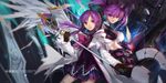  aisha_(elsword) angkor_(elsword) brown_gloves coat crop_top dual_persona elemental_master_(elsword) elsword gloves highres holding holding_wand looking_at_viewer midriff multiple_girls open_clothes open_coat polearm purple_eyes purple_hair shirt skirt smile swd3e2 twintails void_princess_(elsword) wand weapon 