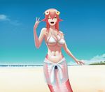  ;d abs absurdres artist_name beach bikini breasts day fangs hair_ornament hairclip highres lamia large_breasts long_hair miia_(monster_musume) monster_girl monster_musume_no_iru_nichijou navel one_eye_closed open_mouth outdoors pointy_ears red_hair sandishy sarong scales shiny shiny_skin skindentation sky slit_pupils smile solo swimsuit yellow_eyes 