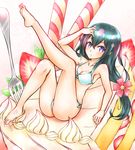  bare_legs bikini black_hair blush breasts cake cleavage flower food fork geckolion hair_flower hair_ornament katanagatari leg_up long_hair looking_at_viewer low-tied_long_hair medium_breasts purple_eyes solo strawberry_shortcake swimsuit white_background white_bikini yasuri_nanami 