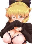  blonde_hair bow bow_bra bra breasts byoin clothes_lift covering_mouth hair_bow heart heart-shaped_pupils kurodani_yamame large_breasts orange_eyes pink_bra short_hair simple_background solo sweater sweater_lift symbol-shaped_pupils touhou underwear white_background 