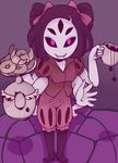  black_hair boots breasts bug commentary cowboy_shot croissant cup doughnut extra_eyes fangs food hair_ribbon insect_girl looking_at_viewer mamaito muffet multiple_arms pink_eyes ribbon short_twintails silk small_breasts solo spider spider_girl spider_web teacup teapot twintails two_side_up undertale 