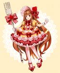 :d bad_id bad_pixiv_id blush bow brown_hair food food_themed_clothes food_themed_hair_ornament food_themed_ornament fork frills fruit full_body gloves hair_bow hair_ornament highres long_hair looking_at_viewer open_mouth original pantyhose personification petticoat pink_bow pocketland red_eyes red_footwear shoes smile solo standing strawberry strawberry_hair_ornament strawberry_shortcake striped striped_bow tooda_riko very_long_hair white_gloves white_legwear yellow_background 