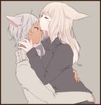  animal_ears blonde_hair border cat_ears closed_eyes dark_skin eyelashes facial_mark final_fantasy final_fantasy_xiv forehead_kiss grey_hair hug kiss long_hair long_sleeves miqo'te multiple_girls profile short_hair sweater turtleneck wagashi_(goma_dango) yuri 