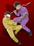  alternate_costume baseball_bat black_hair blood blood_splatter brothers grin hand_in_pocket jitome jumpsuit lead_pipe looking_at_viewer male_focus matsuno_ichimatsu matsuno_juushimatsu messy_hair multiple_boys osomatsu-kun osomatsu-san purple_eyes red_background siblings sleeves_past_wrists smile tsumuri_(toki_gun) yellow_eyes 