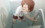  1girl androgynous arm_support bathroom blush breath brown_hair closed_eyes clover commentary_request crossdressing hair_ornament hairclip hetero highres masturbation motion_blur open_mouth original otoko_no_ko peeping penis restroom_stall school_uniform shadow shoes short_hair shota skirt toilet toilet_paper uniform uwabaki when_you_see_it yuki18r 