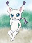  2016 anthro blue_eyes cat digimon digital_media_(artwork) feline fur gatomon looking_at_viewer male mammal multi_nipple nipples nude penis solo white_fur zekromlover 