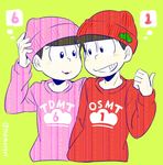  beanie brothers brown_hair green_background hat long_sleeves male_focus matsuno_osomatsu matsuno_todomatsu mone_(14ri0000) multiple_boys osomatsu-kun osomatsu-san siblings simple_background smile twitter_username upper_body 