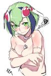  android belly blush bob_cut body_blush breasts cleavage covering covering_breasts crossed_arms dimension_w embarrassed green_eyes green_hair looking_at_viewer medium_breasts nana_g navel robot_ears short_hair simple_background sketch solo stomach sweatdrop topless upper_body white_background yurizaki_mira 