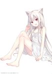  1girl absurdres animal_ears bare_shoulders barefoot cat_ears dress fang feet fukahire_(ruinon) highres legs long_hair open_mouth paw_pose red_eyes shionome_koneko simple_background sitting solo toes very_long_hair white_background white_hair 