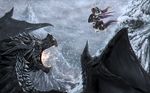  2015 absurd_res alduin armor blue_eyes crossover dragon duo equine feathers female feral fight fire fluttershy_(mlp) flying friendship_is_magic fur hair helmet hi_res mammal melee_weapon mountain my_little_pony nemo2d outside pegasus pink_hair rock shield skyrim snow sword the_elder_scrolls video_games weapon wings yellow_feathers yellow_fur 