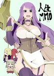  blush bracelet breasts bridal_gauntlets chibi choker cleavage corset curvy garter_straps jewelry jinsei_mmo large_breasts long_hair multiple_girls muu2 open_mouth purple_eyes purple_hair side_slit thighhighs warhammer wavy_mouth weapon wide_hips 