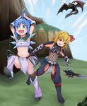  :d absurdres alternate_costume armpits arms_up belt black_panties blonde_hair blue_eyes blue_hair blush boots breasts capelet cirno cleavage commentary cowl crotch_cutout dagger dragon dual_wielding elbow_gloves fang fishnet_top fur_trim gloves hair_ribbon happy highres hips holding ice ice_wings kirin_(armor) legs loincloth midriff monster_hunter multiple_girls nargacuga_(armor) navel open_mouth overhead_swing panties rathalos red_eyes revealing_clothes ribbon rumia running short_hair shou_(ahiru_shinobu) small_breasts smile sword thighs touhou underboob underwear weapon wings 