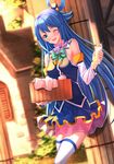  ;d aqua_(konosuba) bare_shoulders blue_eyes blue_hair blue_skirt bottle bucket detached_sleeves dutch_angle hair_ornament hair_rings highres kono_subarashii_sekai_ni_shukufuku_wo! long_hair looking_at_viewer milk one_eye_closed open_mouth outdoors see-through skirt smile soap_bottle solo swordsouls thighhighs towel very_long_hair white_legwear 