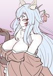  animal_ears blue_hair breasts cleavage fox_ears kyuubi large_breasts long_hair monster_girl monster_musume_no_iru_nichijou monster_musume_no_iru_nichijou_online multiple_tails off_shoulder smile solo tail upper_body yellow_eyes youko_(monster_musume) z_umeshi 