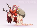  ;p all_fours antlers bare_legs barefoot blue_eyes breasts christmas cleavage elbow_gloves gloves hat heart highres large_breasts long_hair lostray merry_christmas multiple_girls on_person one_eye_closed open_mouth original pink_hair purple_eyes red_hair riding sack santa_costume santa_hat short_hair sleeves_past_wrists smile straddling tongue tongue_out 