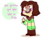  blush_stickers brown_hair chara_(undertale) child commentary english mudkipful red_eyes shaded_face smile spoilers striped striped_sweater sweater teeth undertale waving 